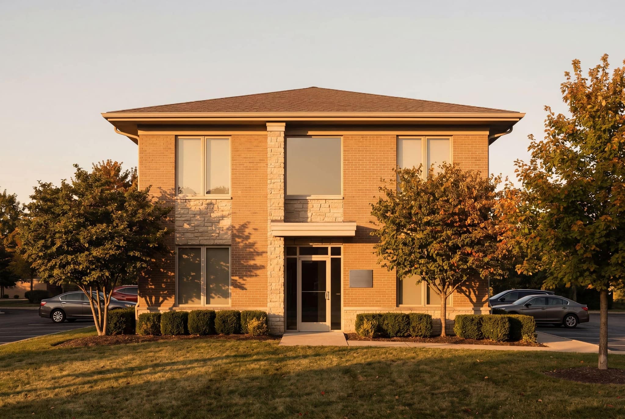 Exterior of 55 Brendon Way at golden hour — Integrative Health DPC, Zionsville Indiana